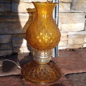 VINTAGE Mid-Century Modern Amber Glass Hurricane Bedside Vanity Table Lamp 1960s